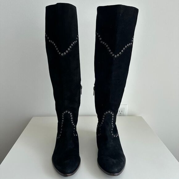 FRYE Boots Womens 6.5 Black Over The Knee Suede Leather Ray Grommet Studded - Picture 9 of 15